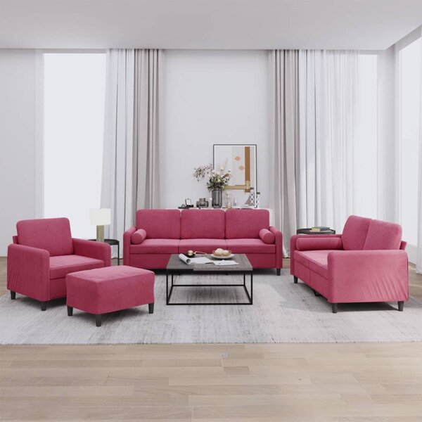 Maison Exclusive – 4-dielna sedacia súprava s vankúšmi z vínovočerveného zamatu