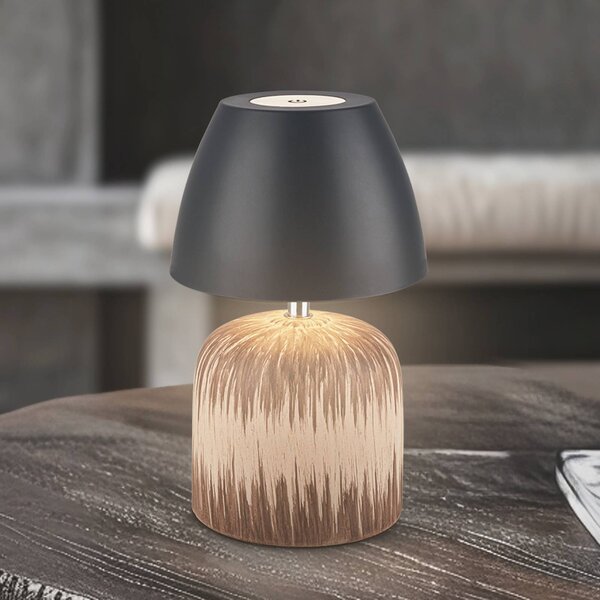 LED stolová lampa Brilo unplugged Cera, antracitová, 22 cm, Svetlé drevo, Keramický, Moderný, Stojacie svietidlo