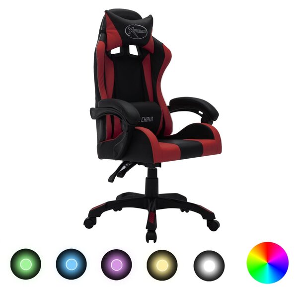 Herná stolička s RGB LED svetlami vínovočerveno-čierna umelá koža