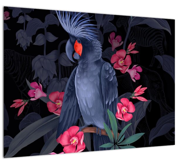 Obraz - Papagáj medzi kvetmi (70x50 cm)