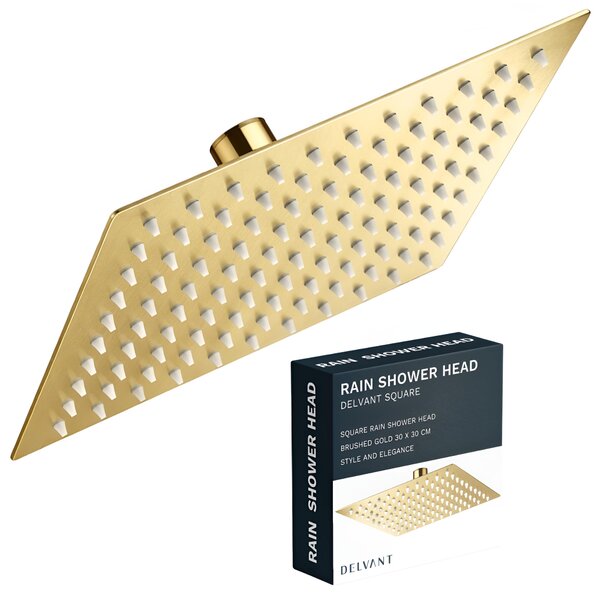 Luxusná Zlatá Sprchová Hlavica DELVANT SQUARE 30 × 30 cm, Ultra Tenká Štvorcová Dažďová Sprcha z Nehrdzavejúcej Ocele, Moderný Dizajn pre Elegantnú Kúpeľňu, Veľká Sprchová Plocha, Prémiová Kvalita a Komfort Každodenného Sprchovania