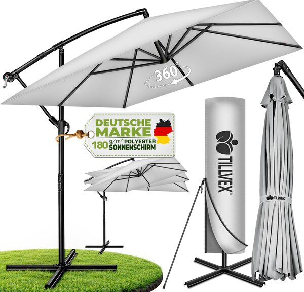 Tillvex® Hliníkový slnečník obdĺžnikového tvaru, priemer 330 cm, sivý + poťah s ručnou kľukou | Rohový záhradný slnečník s podstavcom | Záhradný slnečník z hliníka s UV ochranou | Slnečník s ručnou kľukou, trhový slnečník, vodotesný, otočný o 360°