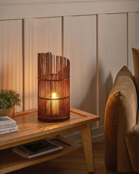 Lampáš hnedý bambusové drevo 49 cm so skleneným držiakom na sviečku boho štýl interiér exteriér