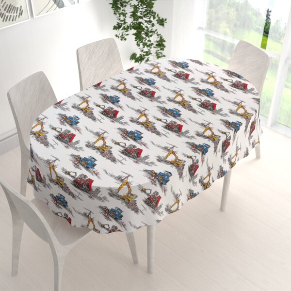 Biante Detský bavlnený oválny obrus Sandra SA-578 Nákladiaky a bagre na bielom 50x100 cm