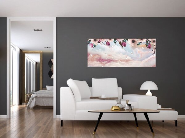 Obraz ružových kvetov s ružovým mramorom (120x50 cm)
