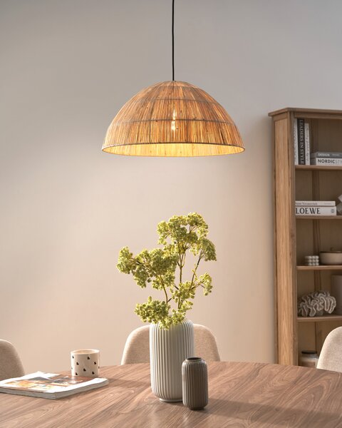 Závesná lampa prírodná slamená pletené tienidlo v tvare kupoly boho japandi štýl obývacia izba jedáleň