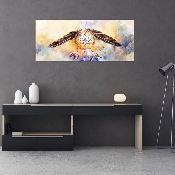 Obraz - Lapač snov s pierkami (120x50 cm)