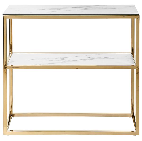 Konzolový stolík biely a zlatý sklenená stolová doska mramorový vzhľad kovový rám 80 x 30 cm glamour moderný elegantný dizajn
