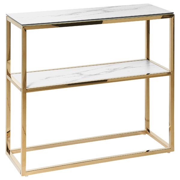 Konzolový stolík biely a zlatý sklenená stolová doska mramorový vzhľad kovový rám 80 x 30 cm glamour moderný elegantný dizajn
