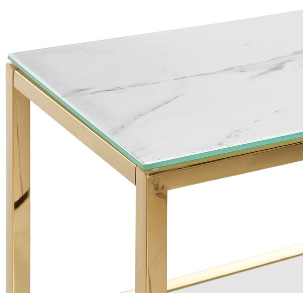 Konzolový stolík biely a zlatý sklenená stolová doska mramorový vzhľad kovový rám 80 x 30 cm glamour moderný elegantný dizajn