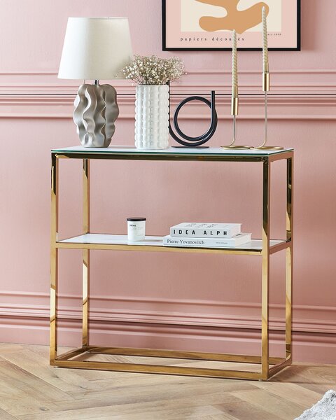 Konzolový stolík biely a zlatý sklenená stolová doska mramorový vzhľad kovový rám 80 x 30 cm glamour moderný elegantný dizajn