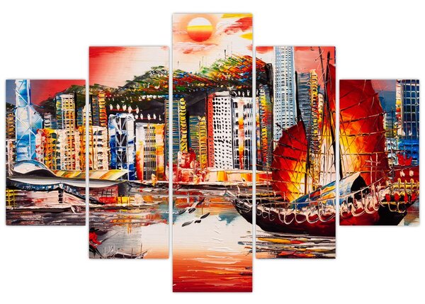 Obrázok - Victoria Harbor, Hong Kong, olejomaľba (150x105 cm)