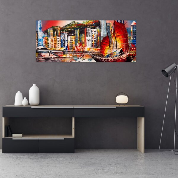Obrázok - Victoria Harbor, Hong Kong, olejomaľba (120x50 cm)