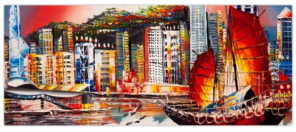 Obrázok - Victoria Harbor, Hong Kong, olejomaľba (120x50 cm)