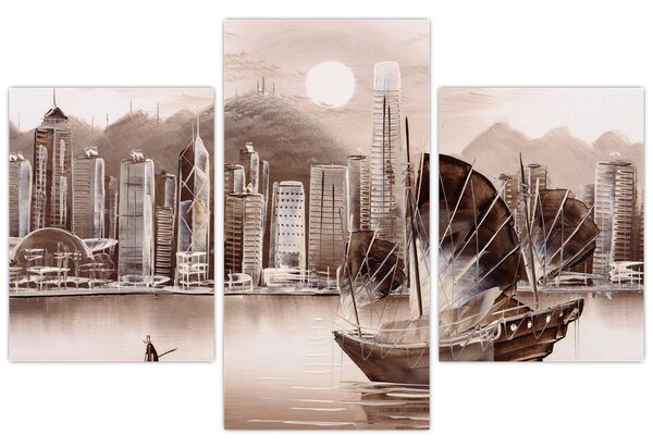 Obrázok - Victoria Harbor, Hong Kong, sépiový efekt (90x60 cm)