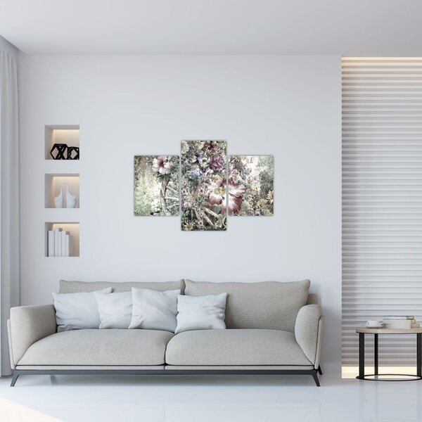 Obraz kvetov na drevenom bicykli (90x60 cm)