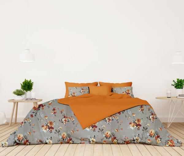 Ervi bavlnené obliečky DUO - oranžové kvety na béžovom/oranžové