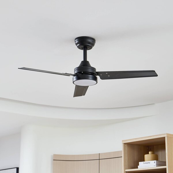 Lindby Stropný ventilátor Aerallo s LED osvetlením, čierny, tichý, Čierna, Obývacia izba / jedáleň, kov, Moderný
