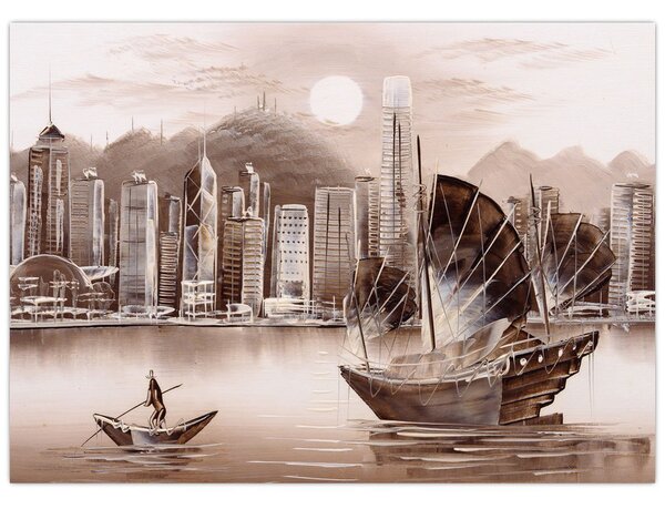 Obrázok - Victoria Harbor, Hong Kong, sépiový efekt (70x50 cm)