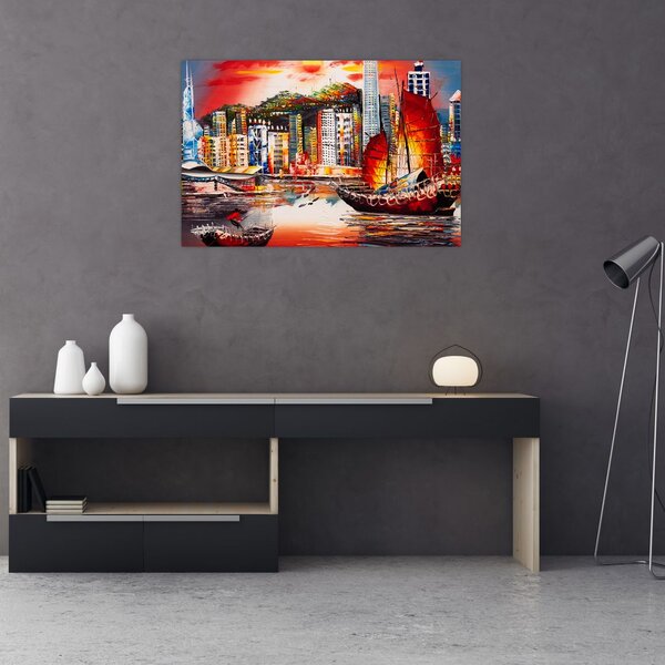 Obrázok - Victoria Harbor, Hong Kong, olejomaľba (90x60 cm)