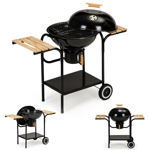 Charcoal garden grill with cover and shelves, grate and ash pan