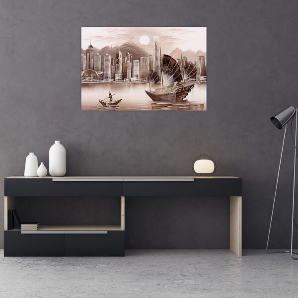 Obrázok - Victoria Harbor, Hong Kong, sépiový efekt (90x60 cm)
