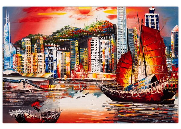 Obrázok - Victoria Harbor, Hong Kong, olejomaľba (90x60 cm)