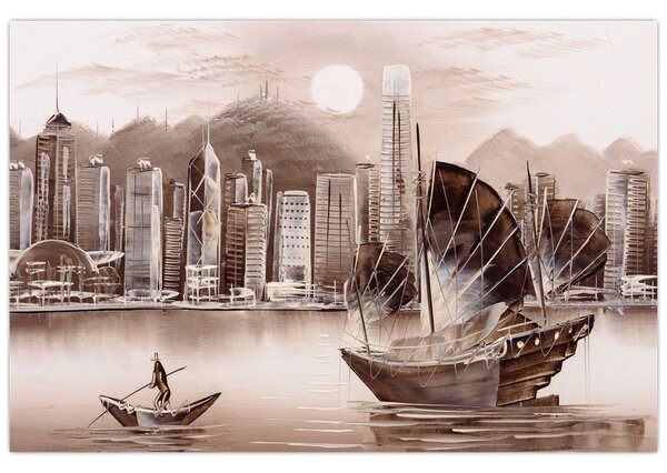 Obrázok - Victoria Harbor, Hong Kong, sépiový efekt (90x60 cm)