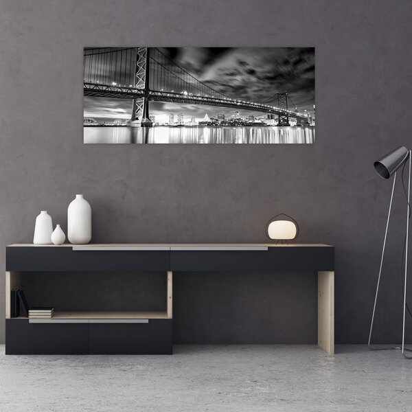 Obraz - Most Benjamina Franklina, Filadelfia, čiernobiely (120x50 cm)