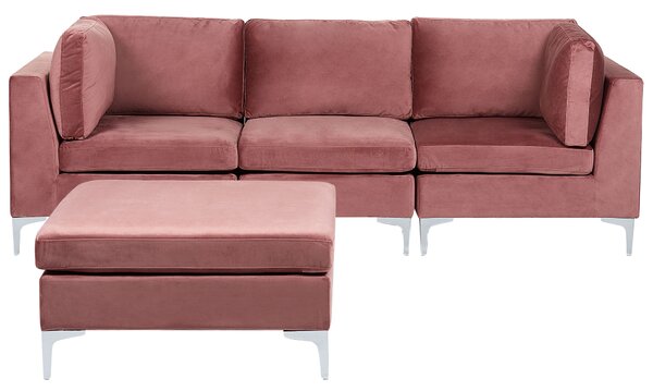 Modulárna pohovka ružová zamatová 3-miestna s taburetom strieborné kovové nohy elegantný štýl