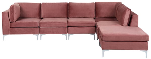 Ľavá rohová modulárna pohovka ružová zamatová 5-miestna v tvare L s taburetom strieborné kovové nohy elegantný štýl