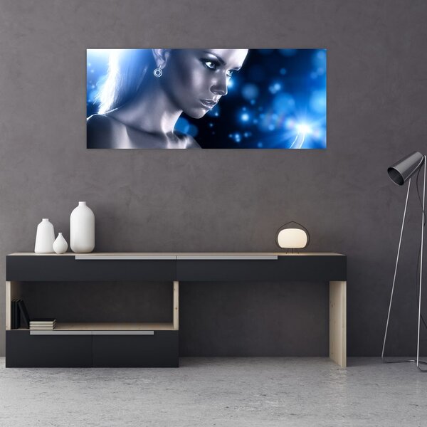 Obraz ženy v modrom lesku (120x50 cm)