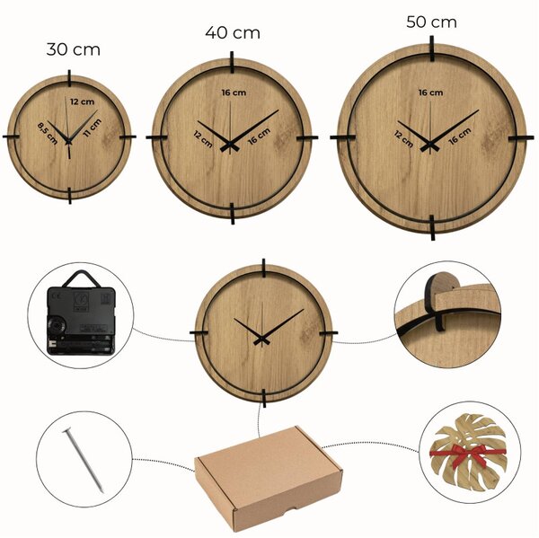 Drevené nástenné hodiny 30-50 cm – moderný dubový dizajn desing | SENTOP HDF0601-GOLD-OAK