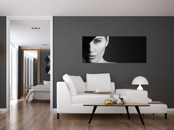 Obraz - Čiernobiely portrét ženy v klobúku (120x50 cm)
