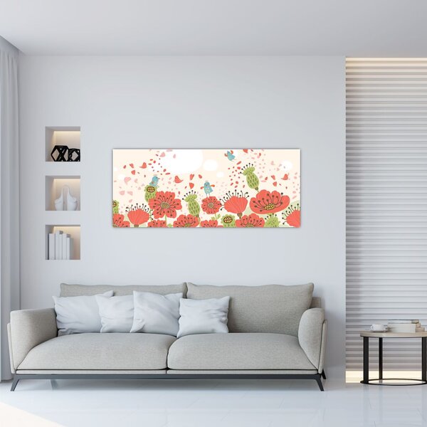 Obraz - Vtáčiky na rozkvitnutej lúke (120x50 cm)