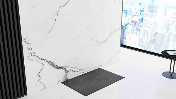 Rea Black Stone, sprchová vanička z minerálneho kameňa 120x80x3,5 cm + sifón, čierna, REA-K9602