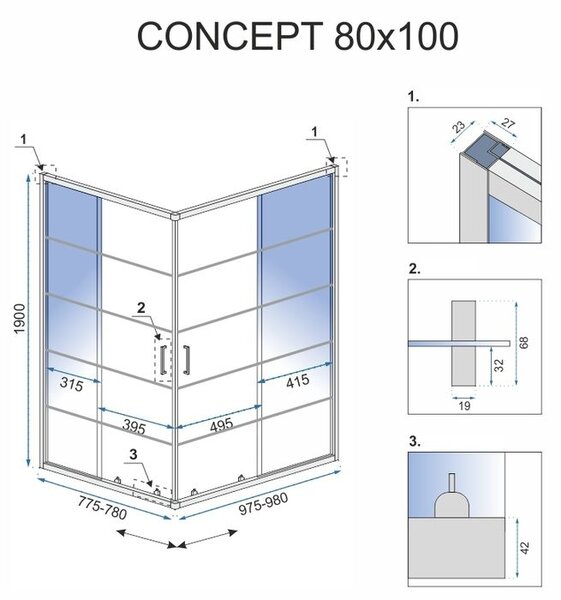 Rea Concept, sprchovací kút 80x100 cm + biela sprchová vanička Savoy, KPL-K1005