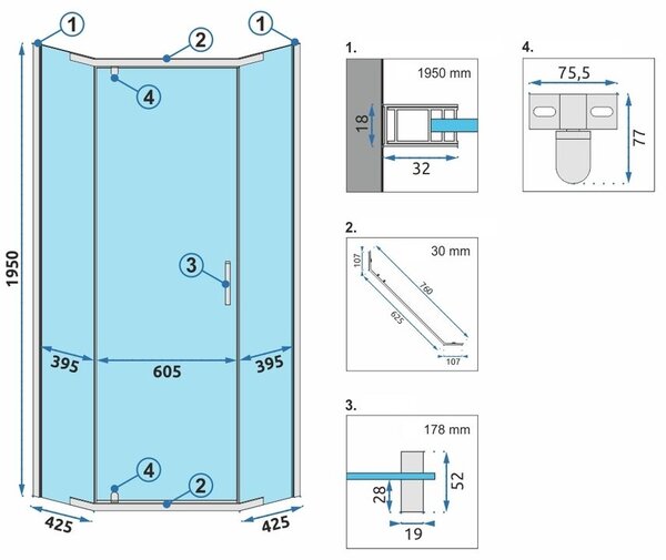 Rea Axin, sprchovací kút 90x90x195 cm + čierna sprchová vanička Diamond, KPL-K1779