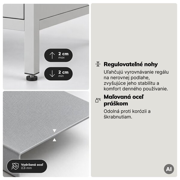 Regál so zásuvkami do kancelárie, na šanóny a dokumenty, otvorené police, kovový, sivý, 800x2200x400 mm: ARIEL