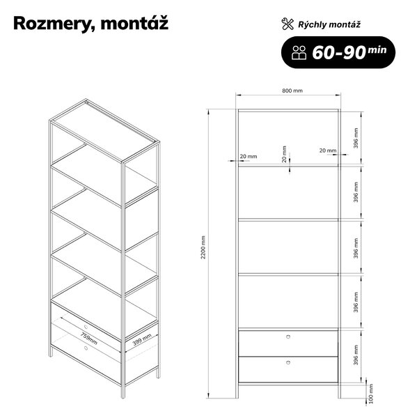 Regál so zásuvkami do kancelárie, na zakladače a dokumenty, otvorené police, kovový, antracitový, 800x2200x400 mm: ARIEL