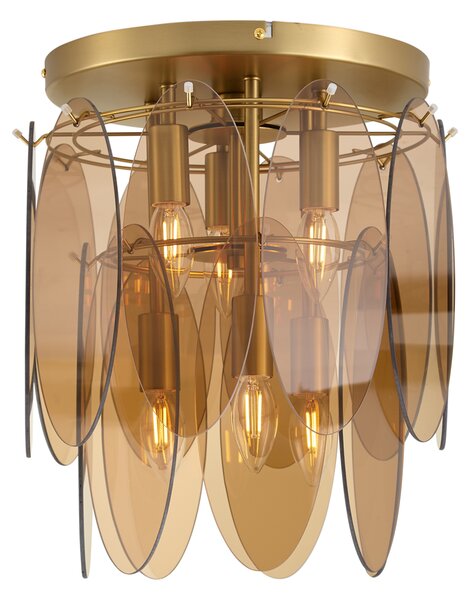 Art Deco plafondlamp goud met amber glas ovaal 6-lichts - Mochan