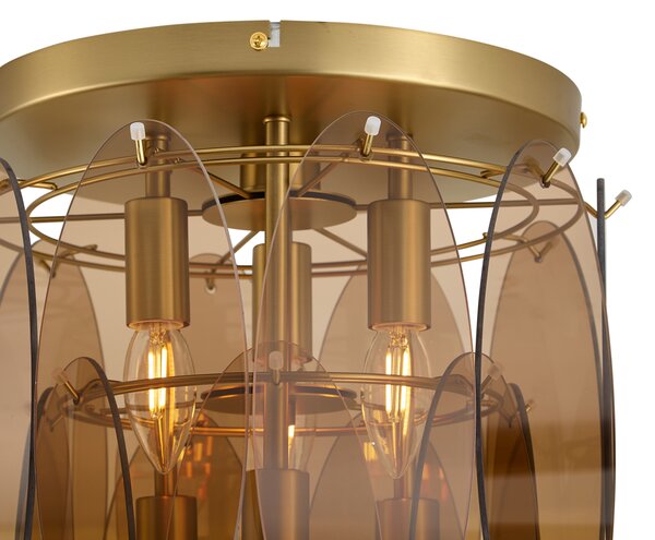 Art Deco plafondlamp goud met amber glas ovaal 6-lichts - Mochan