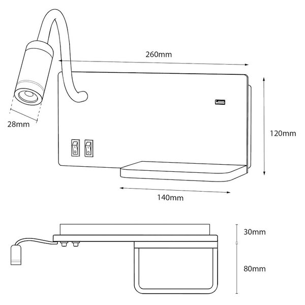 Nástenné LED svietidlo Shelf, 1x LED 4+5+2w, 4000k, b/w, vypínač