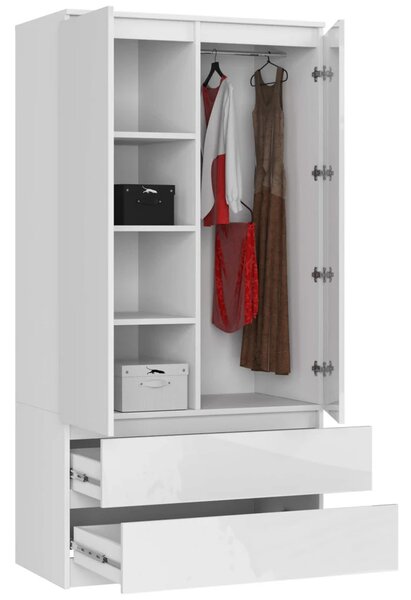 Šatníková skriňa so šuplíkmi 90 cm LOTA - biela / biela lesklá