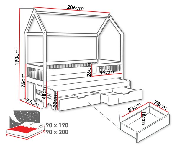 Detská posteľ domček s prístelkou 90x200 DABI - buk