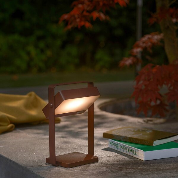 Solární stolová LED lampa Saulio, hnedá, IP44, hliník, USB, akumulátor, Hnedá / hrdzavá, Hliník, Moderný, Solárne svietidlá