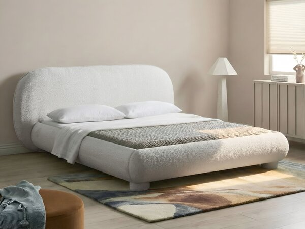 Posteľ krémová biela buklé čalúnenie polyester 160 x 200 cm nízky čalúnený rám postele s čelom minimalistický retro dizajn