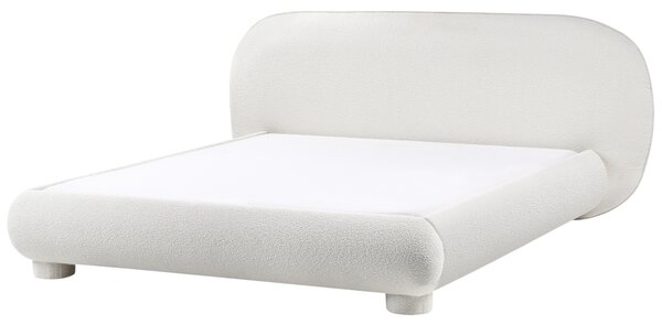 Posteľ krémová biela buklé čalúnenie polyester 160 x 200 cm nízky čalúnený rám postele s čelom minimalistický retro dizajn