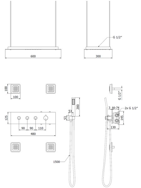Mexen Soler, podomietkový sprchový set, čierna matná, 7601-04-70