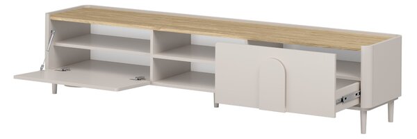 TV skrinka so zásuvkou Amilio 220 cm na nožičkách - kašmír / olejovaný dub / úchytky kašmír